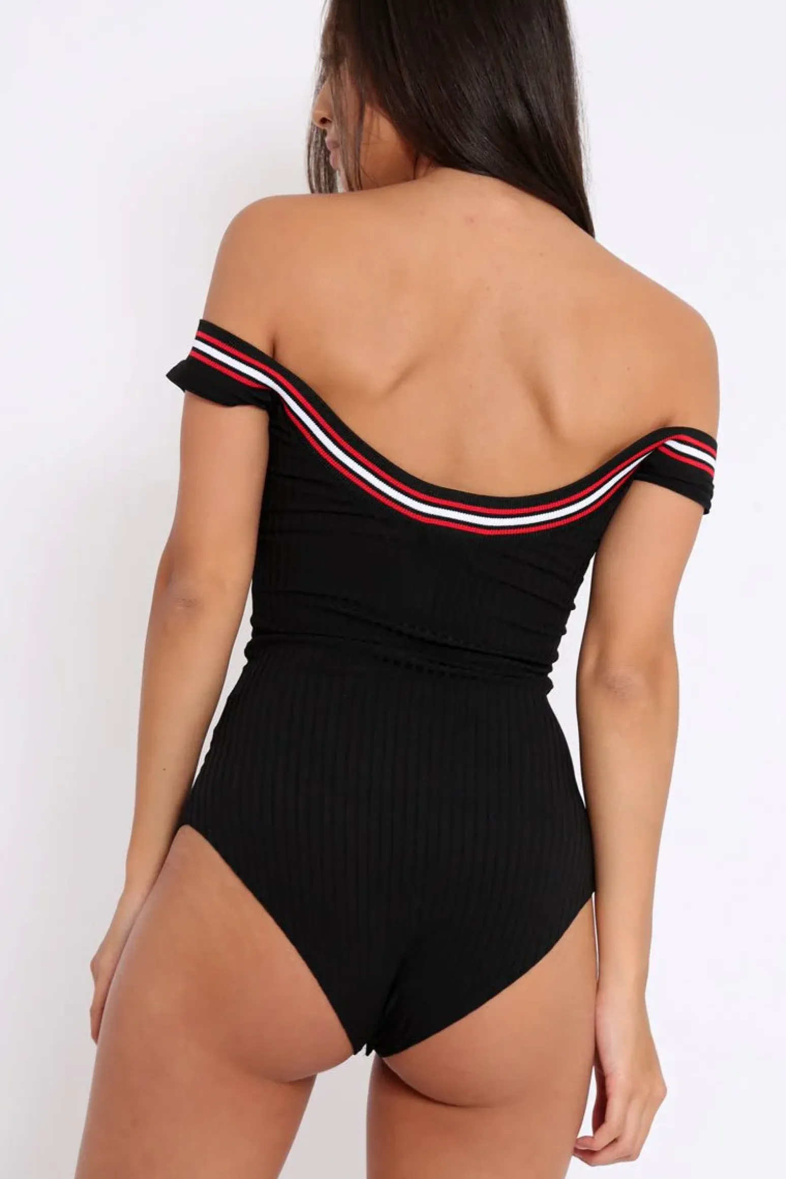 Rebellious Fashion Black Ribbed Bodysuit with Sport Trim - Tracey