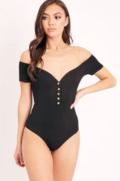 Rebellious Fashion Black Ribbed Button Front Cap Sleeve Bodysuit - Billie