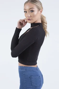 Rebellious Fashion Black Ribbed Choker Cut Out Crop Top - Mary