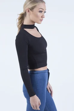 Rebellious Fashion Black Ribbed Choker Cut Out Crop Top - Mary