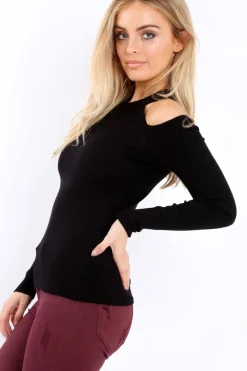 Rebellious Fashion Black Ribbed Cold Shoulder Jumper - Briella