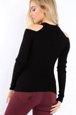 Rebellious Fashion Black Ribbed Cold Shoulder Jumper - Briella