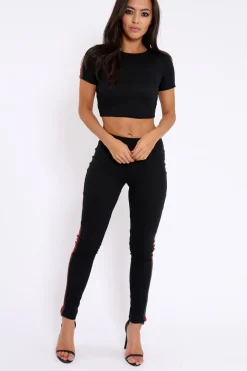 Rebellious Fashion Black Ribbed Co ord with Striped Sports Trim Detail - Zinaya