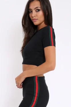 Rebellious Fashion Black Ribbed Co ord with Striped Sports Trim Detail - Zinaya