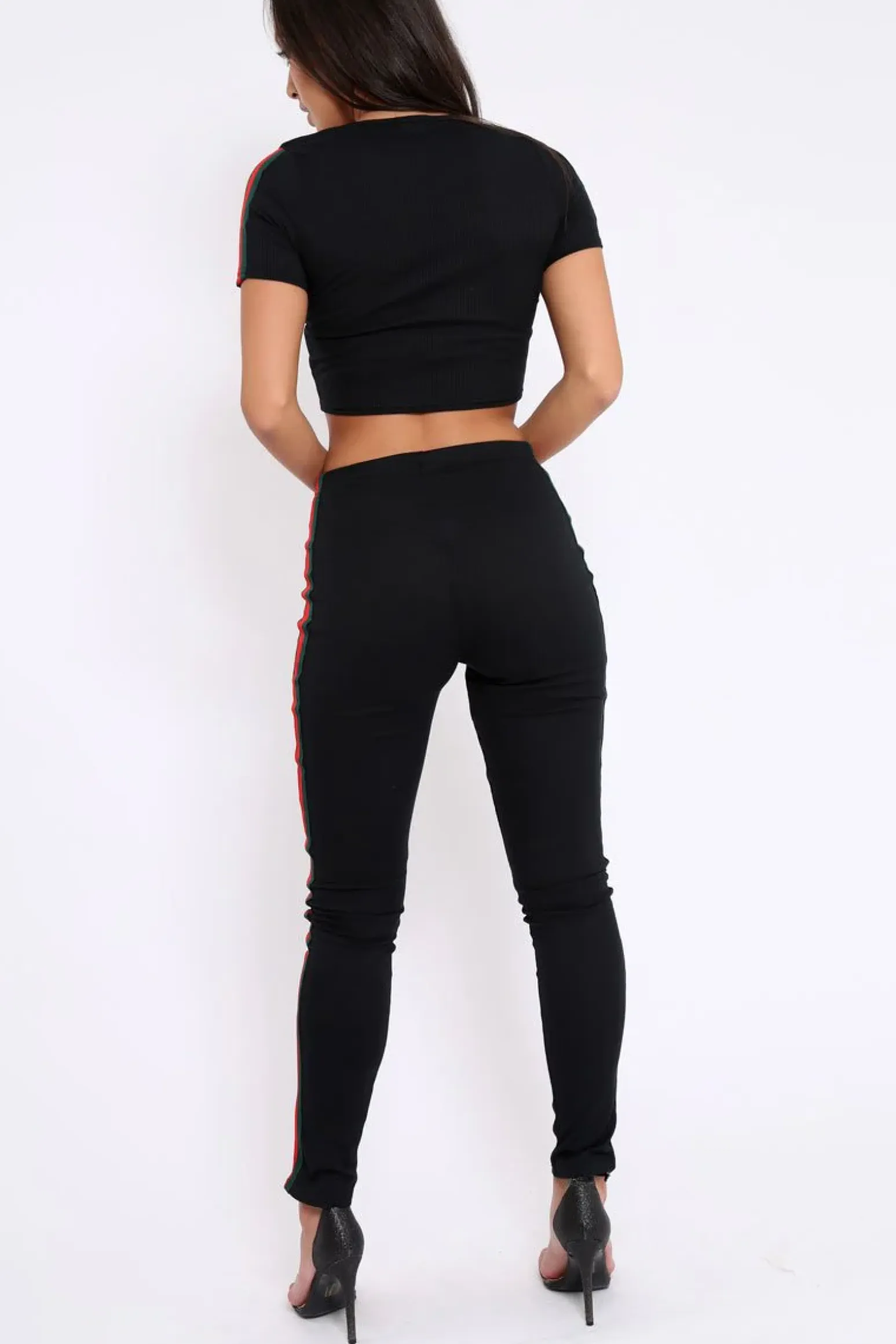 Rebellious Fashion Black Ribbed Co ord with Striped Sports Trim Detail - Zinaya