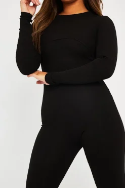 Rebellious Fashion Black Ribbed Corset Seam Long Sleeve Jumpsuit - Poppy