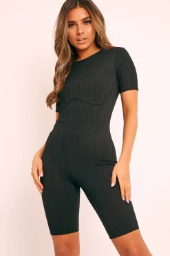 Rebellious Fashion Black Ribbed Corset Unitard Playsuit - Delfina