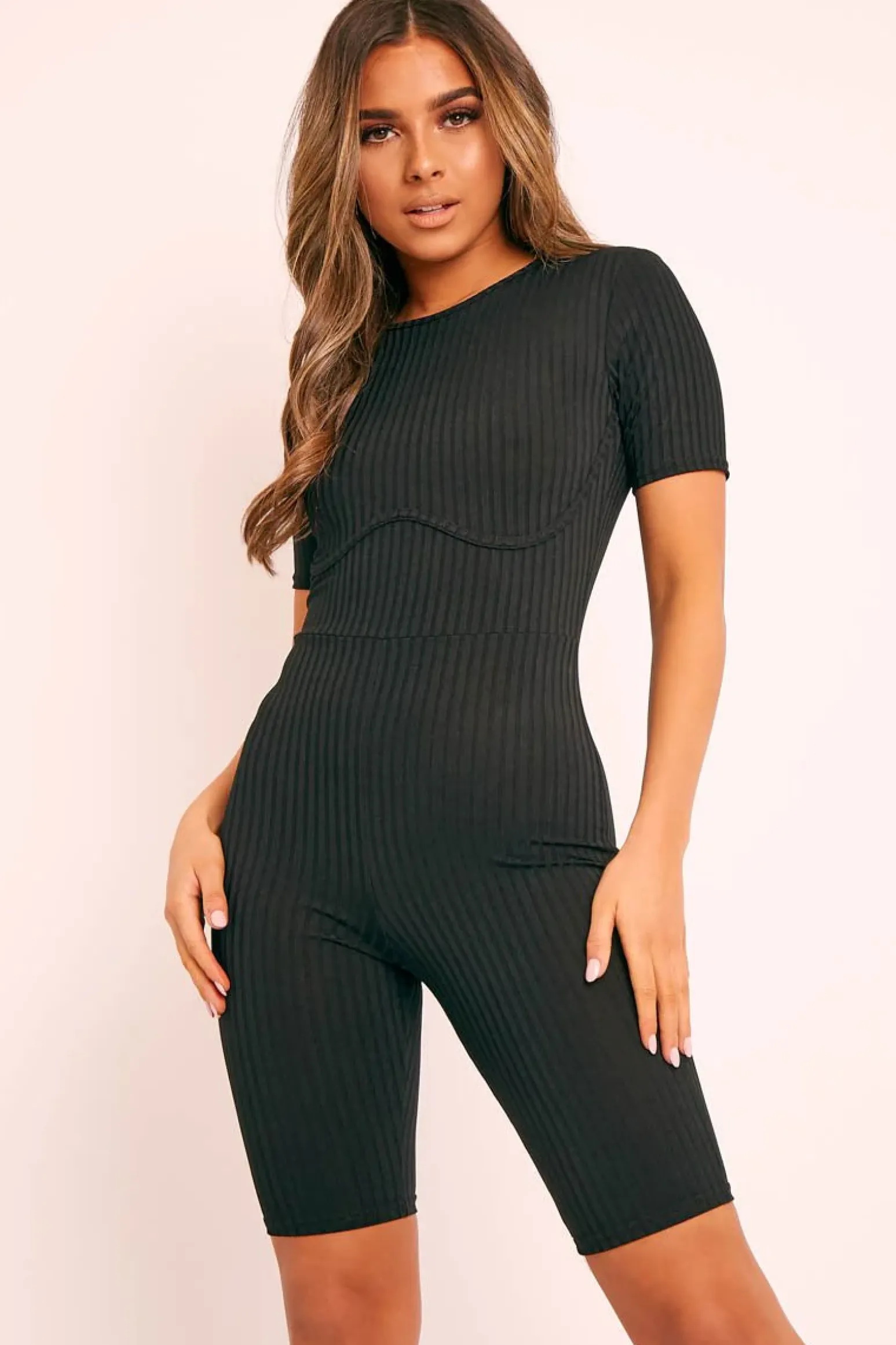 Rebellious Fashion Black Ribbed Corset Unitard Playsuit - Delfina