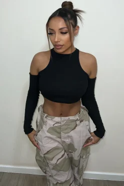 Rebellious Fashion Black Ribbed Cut Out Shoulders Crop Top - Tyra
