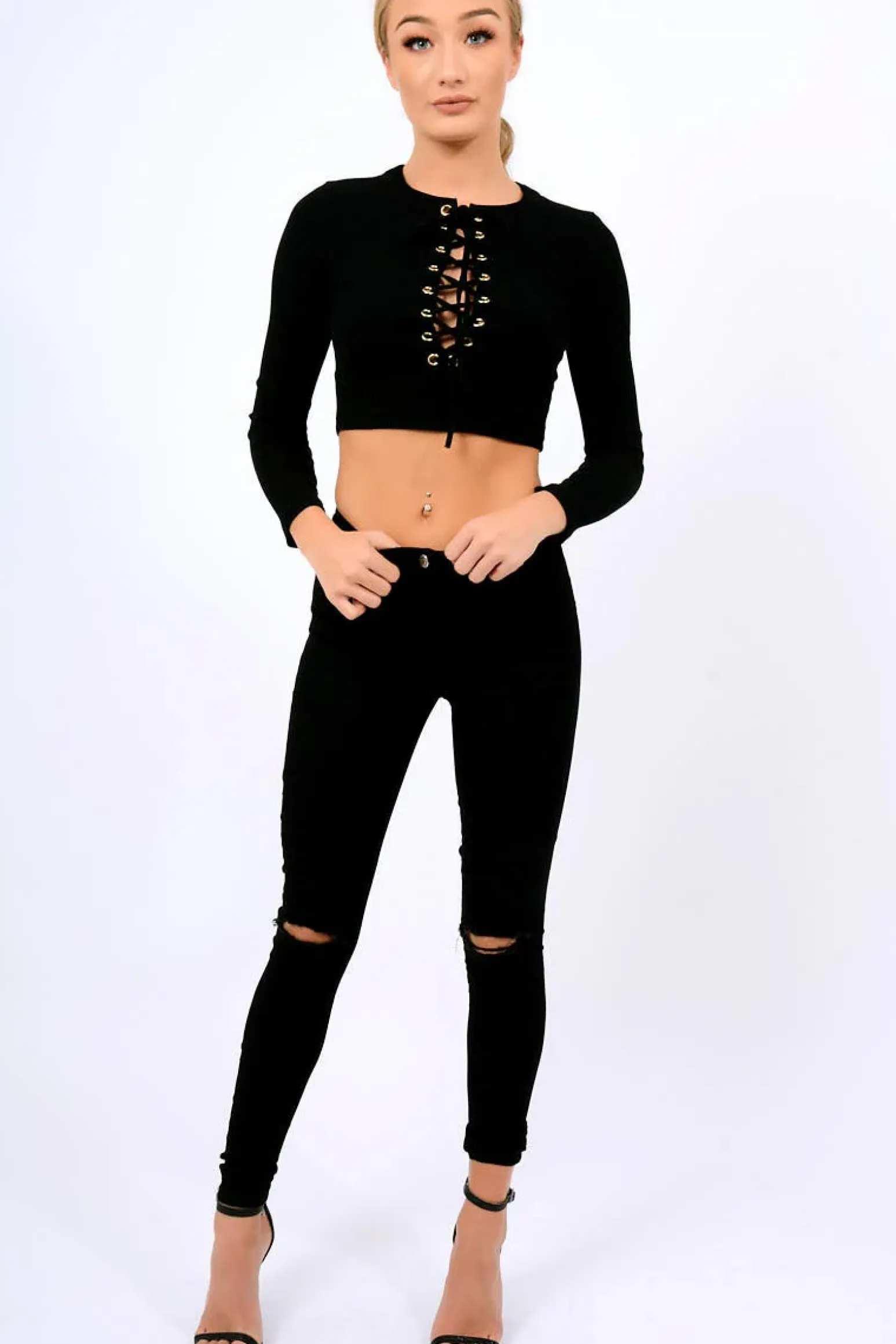 Rebellious Fashion Black Ribbed Eyelet Lace Up Crop Top - Freyanne