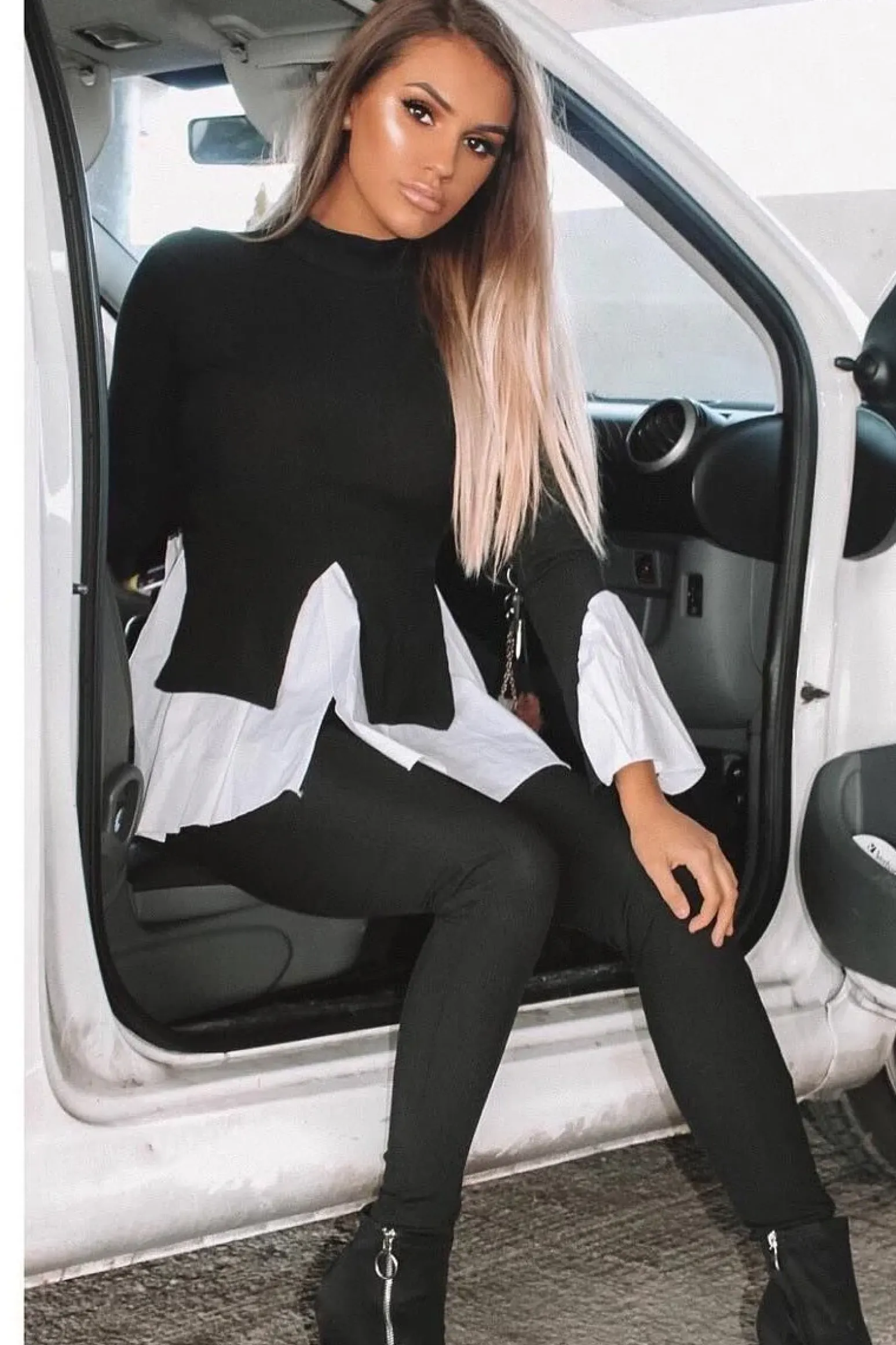 Rebellious Fashion Black Ribbed Flared Shirt and Leggings Co-ord - Aafiya