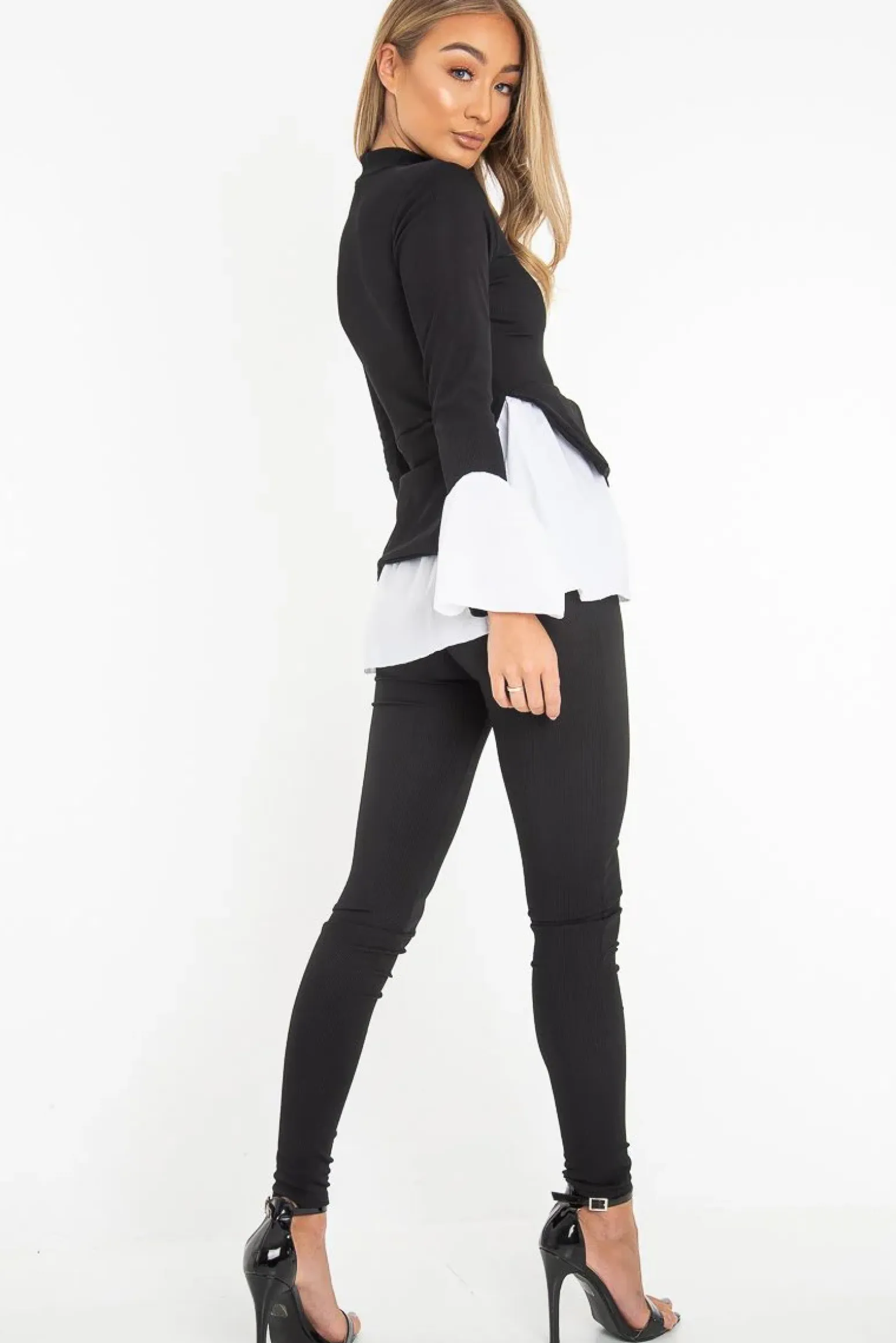 Rebellious Fashion Black Ribbed Flared Shirt and Leggings Co-ord - Aafiya