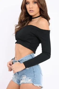Rebellious Fashion Black Ribbed Frill Bardot Crop Top - Cassidy