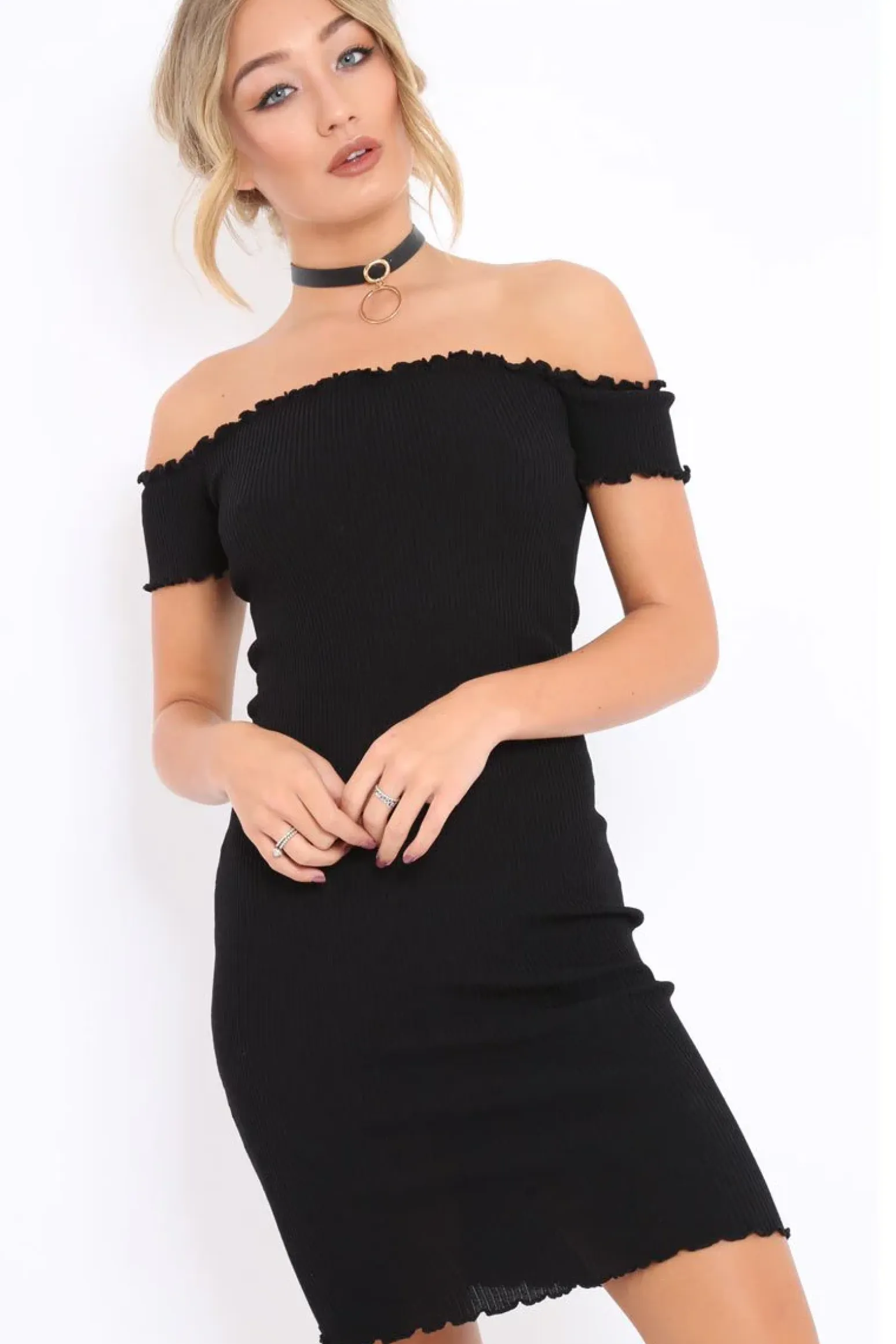 Rebellious Fashion Black Ribbed Frill Hem Bardot Bodycon Dress - Kamille