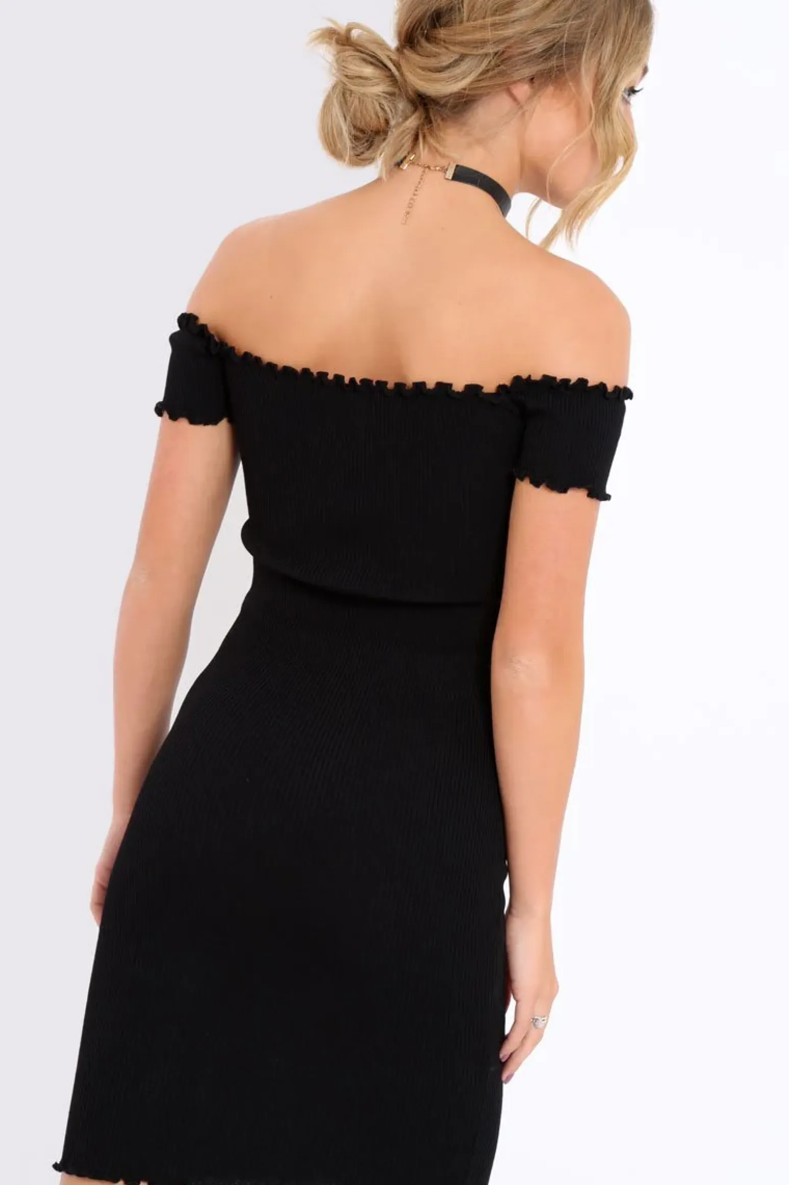 Rebellious Fashion Black Ribbed Frill Hem Bardot Bodycon Dress - Kamille