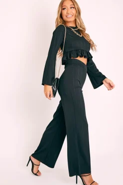 Rebellious Fashion Black Ribbed Frill Hem Top and Wide Leg Trouser Co-ord - Blayke