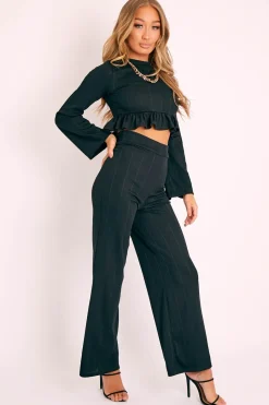 Rebellious Fashion Black Ribbed Frill Hem Top and Wide Leg Trouser Co-ord - Blayke