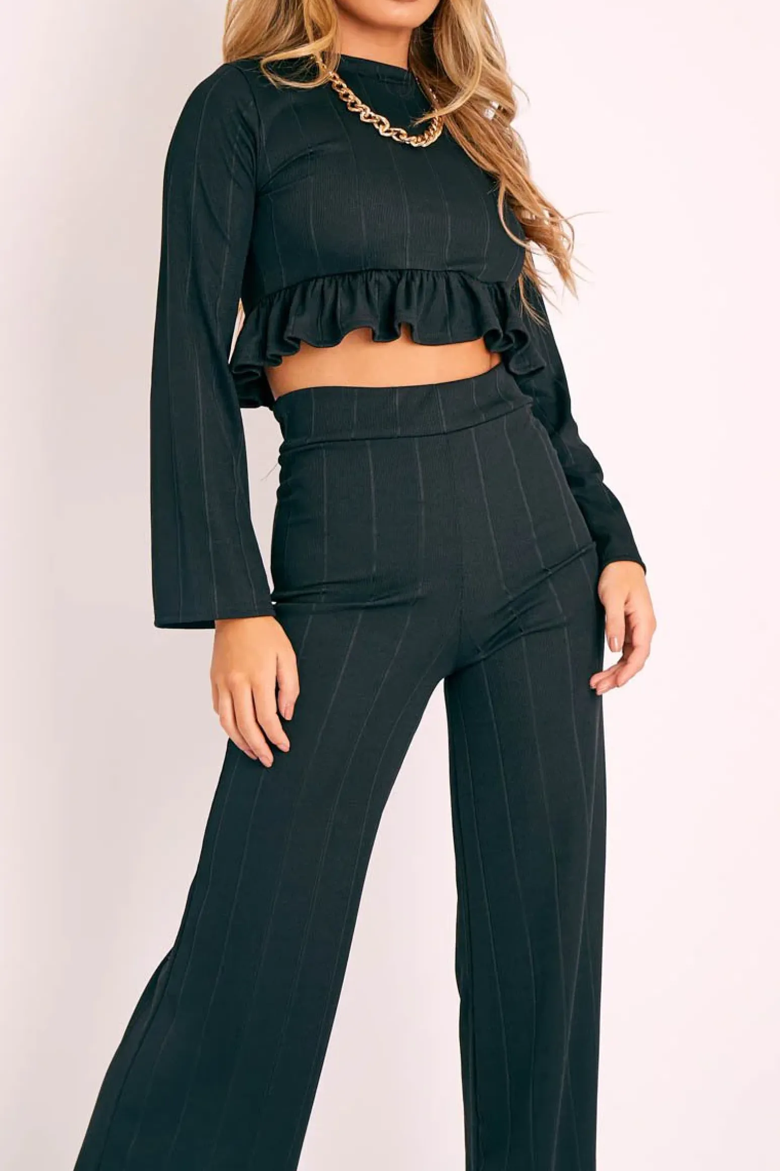 Rebellious Fashion Black Ribbed Frill Hem Top and Wide Leg Trouser Co-ord - Blayke