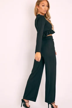Rebellious Fashion Black Ribbed Frill Hem Top and Wide Leg Trouser Co-ord - Blayke