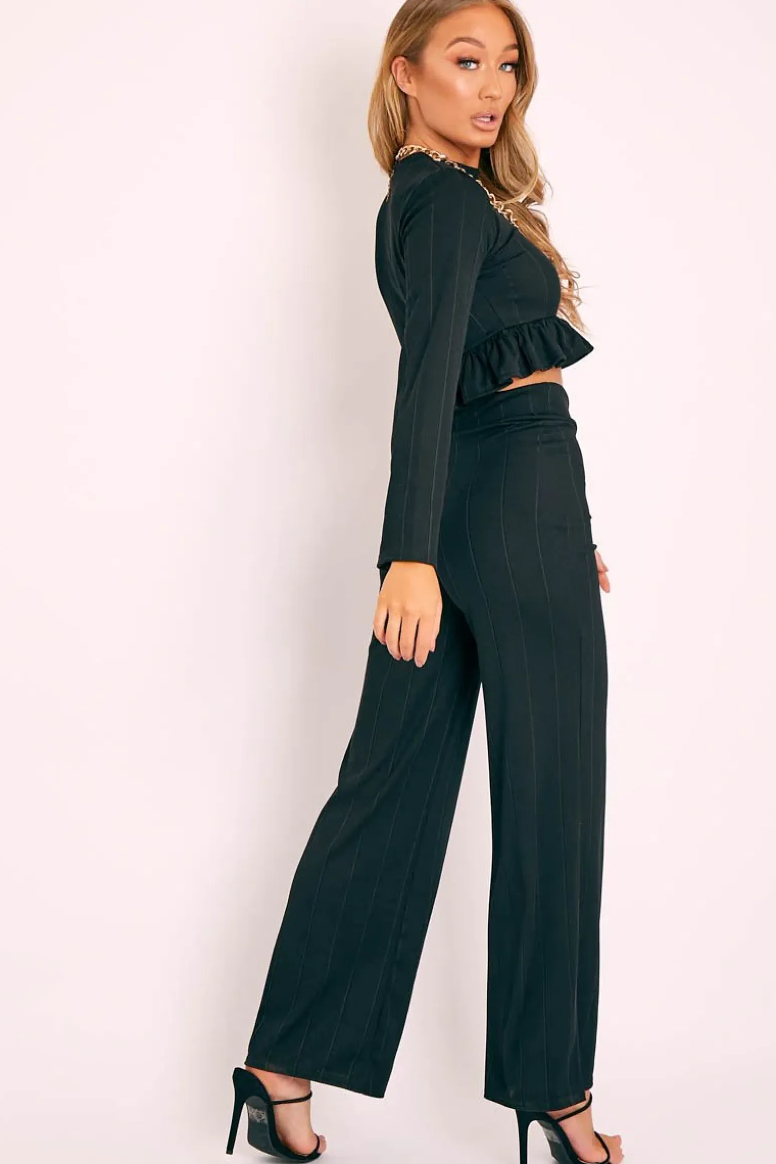Rebellious Fashion Black Ribbed Frill Hem Top and Wide Leg Trouser Co-ord - Blayke