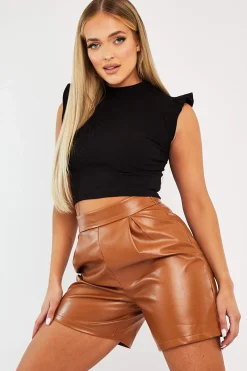 Rebellious Fashion Black Ribbed Frill Shoulder Crop Top - Khyla