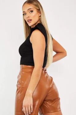 Rebellious Fashion Black Ribbed Frill Shoulder Crop Top - Khyla
