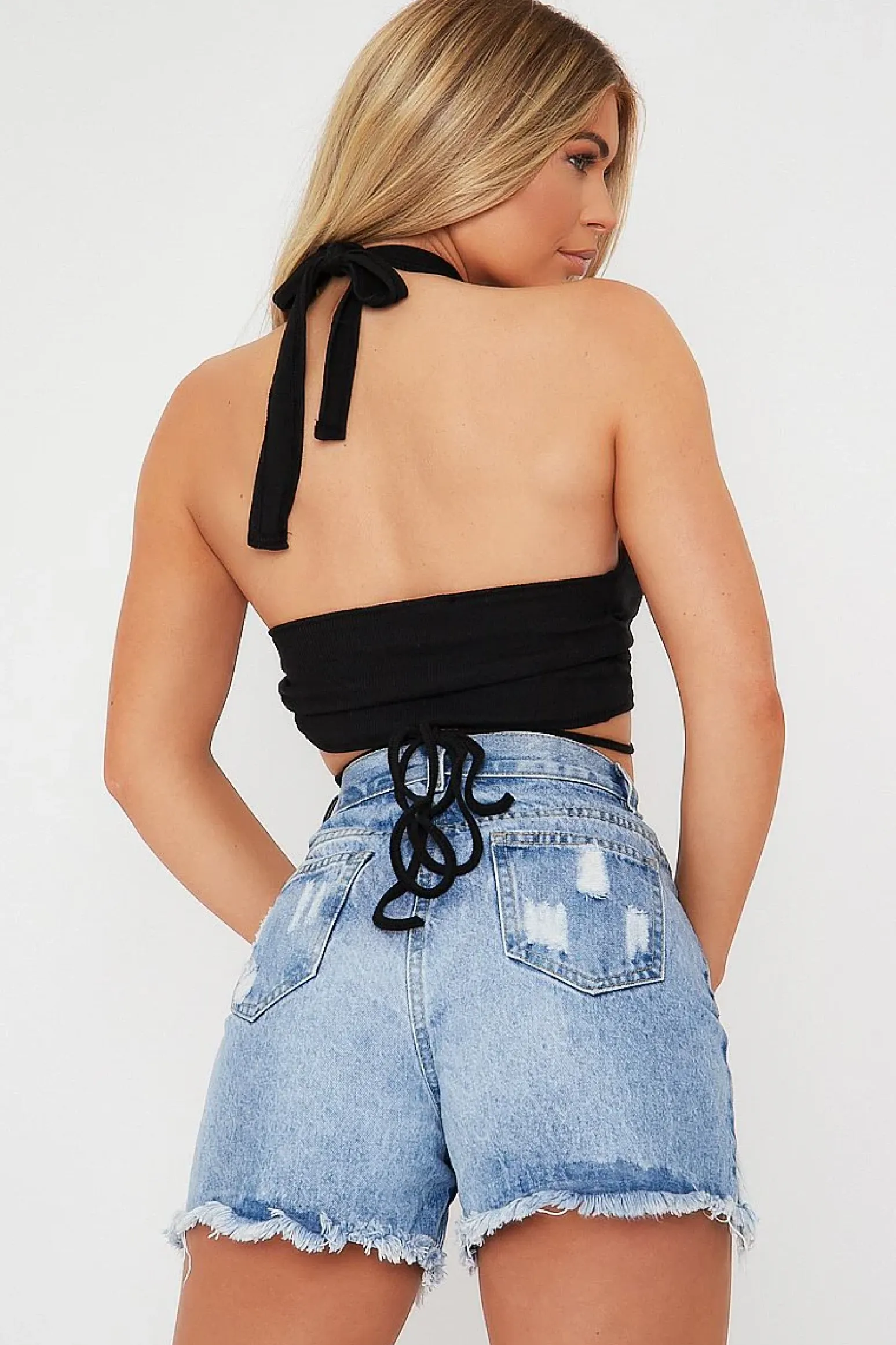 Rebellious Fashion Black Ribbed Halter Neck Tie Detail Crop Top - Rubi