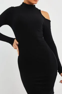 Rebellious Fashion Black Ribbed High Neck Shoulder Cut Out Mini Dress - Carola