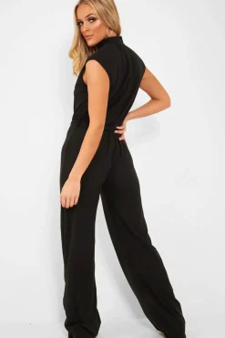 Rebellious Fashion Black Ribbed High Neck Wide Leg Belted Jumpsuit - Rayden