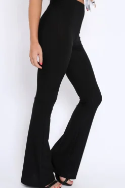 Rebellious Fashion Black Ribbed Kick Flare Trousers - Chlo