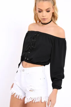 Rebellious Fashion Black Ribbed Lace Up Bardot Crop Top - Sara