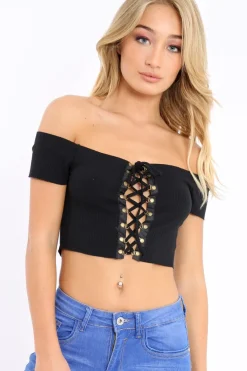 Rebellious Fashion Black Ribbed Lace Up Bardot Crop Top - Arianna