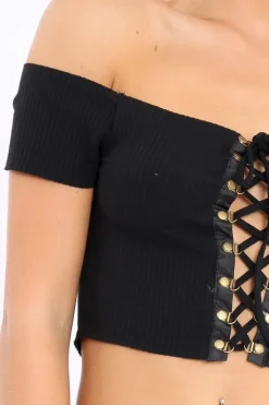 Rebellious Fashion Black Ribbed Lace Up Bardot Crop Top - Arianna