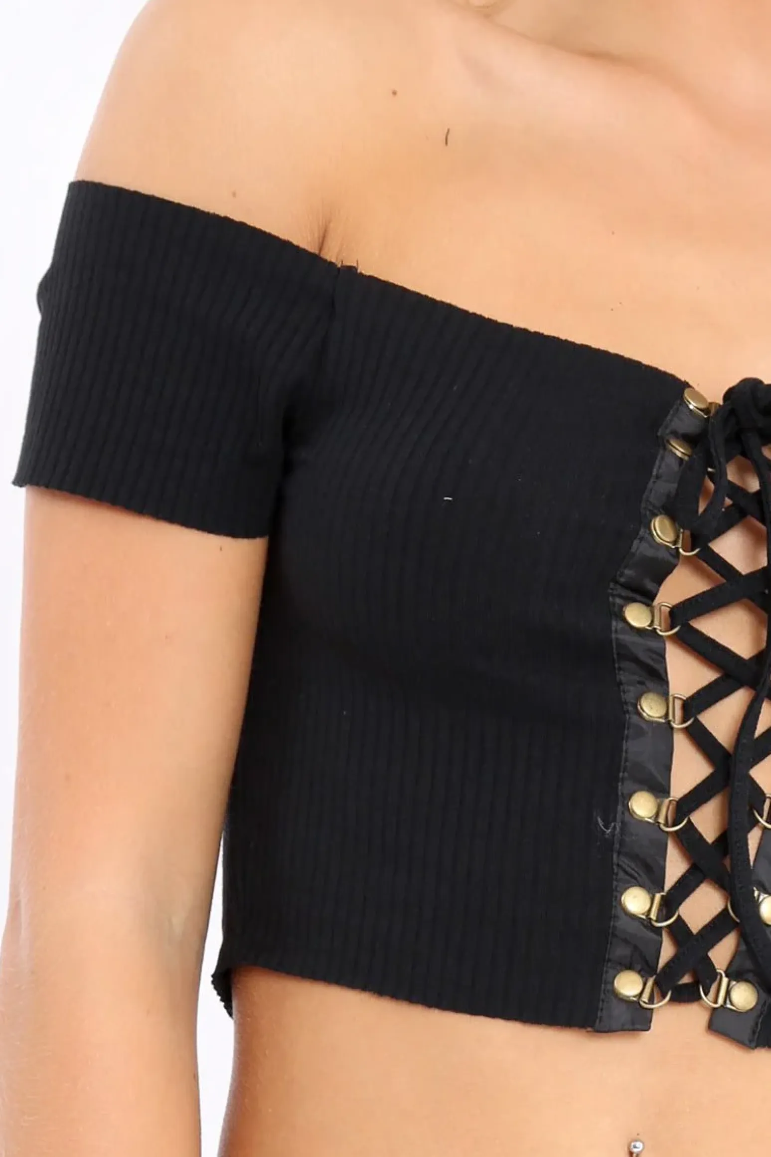 Rebellious Fashion Black Ribbed Lace Up Bardot Crop Top - Arianna