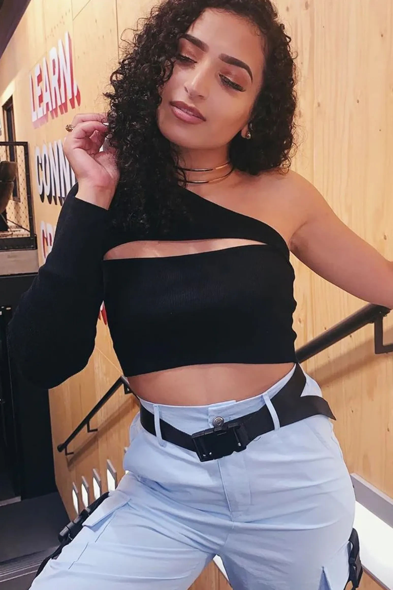 Rebellious Fashion Black Ribbed One Sleeve Cut Out Crop Top - Charae