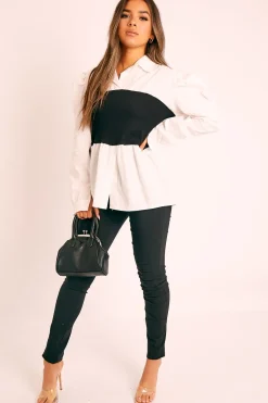 Rebellious Fashion Black Ribbed Panel Puff Sleeve Shirt - Fionna