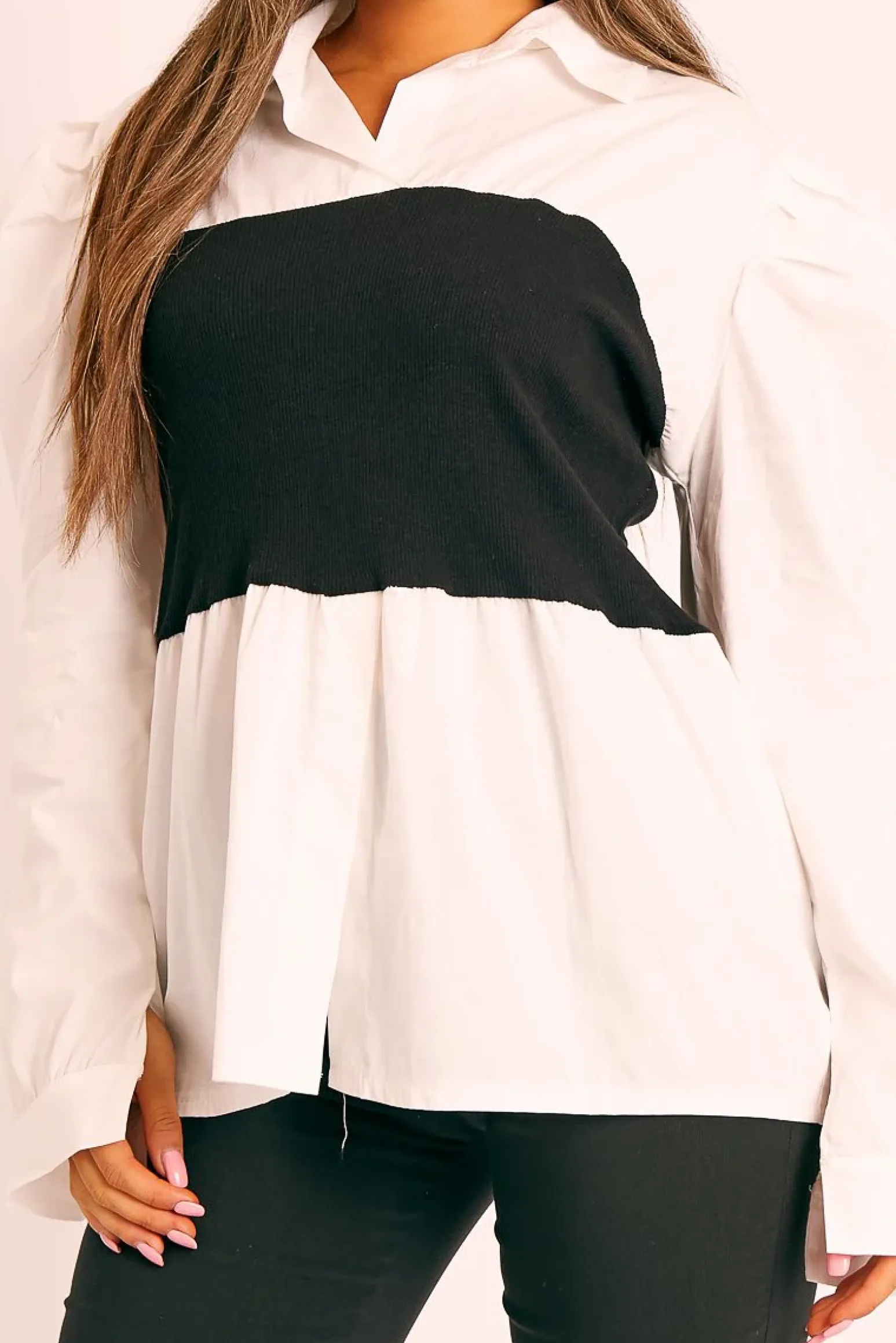 Rebellious Fashion Black Ribbed Panel Puff Sleeve Shirt - Fionna