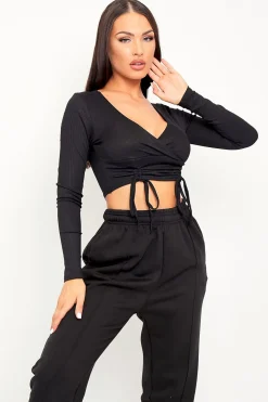 Rebellious Fashion Black Ribbed Plunge Neckline Crop Top - Kaile