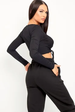 Rebellious Fashion Black Ribbed Plunge Neckline Crop Top - Kaile