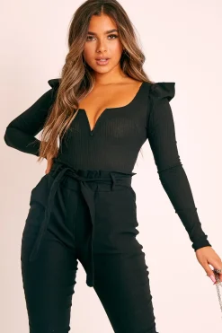 Rebellious Fashion Black Ribbed Plunge Puff Sleeve Bodysuit - Saffy
