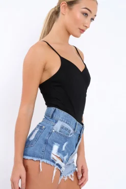 Rebellious Fashion Black Ribbed Plunge Wrap Bodysuit - Abriana