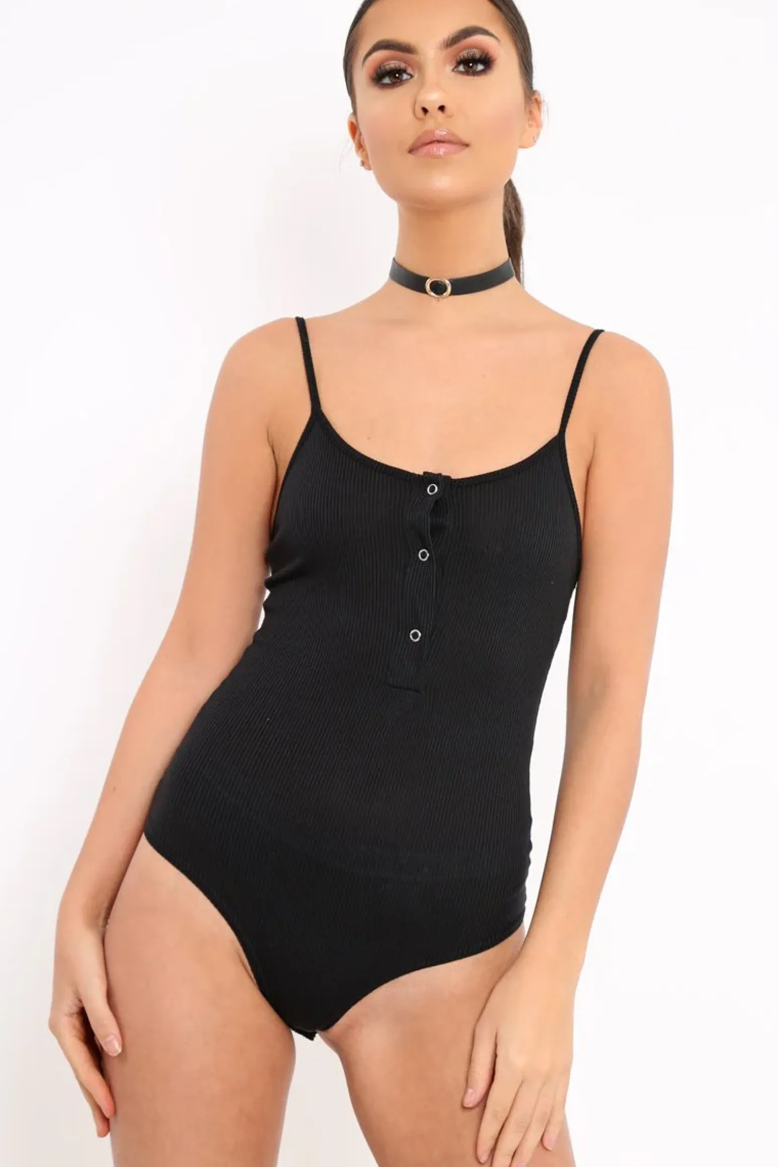 Rebellious Fashion Black Ribbed Popper Front Bodysuit - Baylee