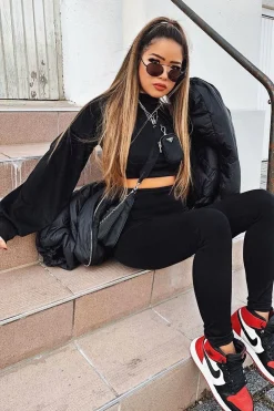 Rebellious Fashion Black Ribbed Puff Sleeve Top Loungewear Co-ord - Effy