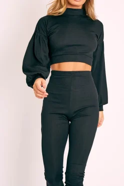 Rebellious Fashion Black Ribbed Puff Sleeve Top Loungewear Co-ord - Effy