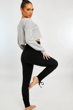 Rebellious Fashion Black Ribbed Ruched Ankle Leggings - Hollyann