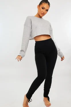 Rebellious Fashion Black Ribbed Ruched Ankle Leggings - Hollyann