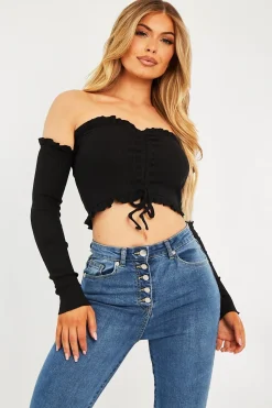 Rebellious Fashion Black Ribbed Ruched Centre Crop Top - Tessla