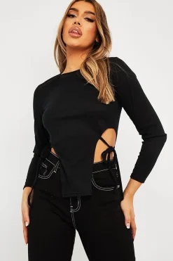 Rebellious Fashion Black Ribbed Side Tie Top - Bibi