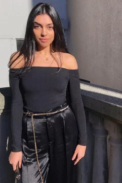 Rebellious Fashion Black Ribbed Square Neck Bodysuit - Alysha
