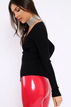 Rebellious Fashion Black Ribbed Thin Knit Wrap Top - Jordi